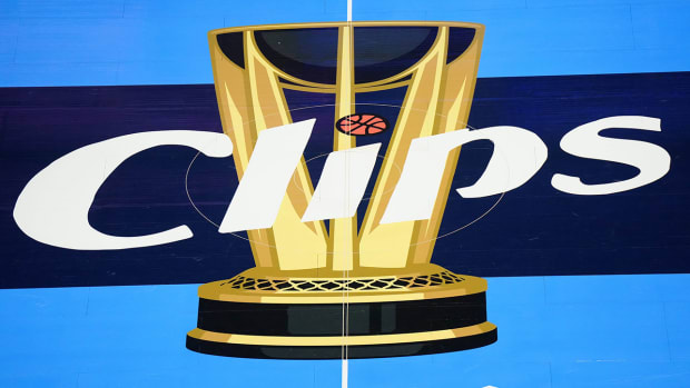 A Los Angeles Clippers logo is seen on the court at Crypto.com Arena on Nov. 24, 2023 during the NBA in-season tournament.